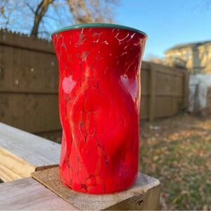 Pean Doubulyu Wonkie Jimmie Glass Tumbler Teal and Red 5” Drinking Cup Vase 2007